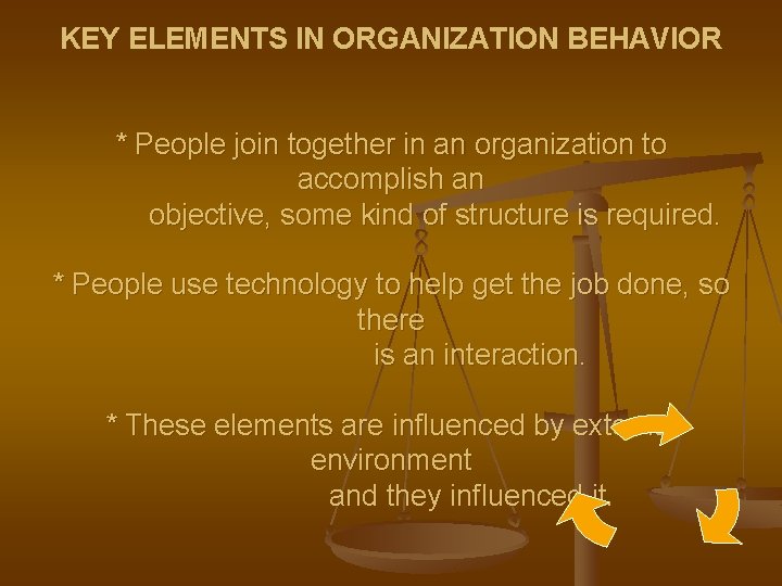 KEY ELEMENTS IN ORGANIZATION BEHAVIOR * People join together in an organization to accomplish