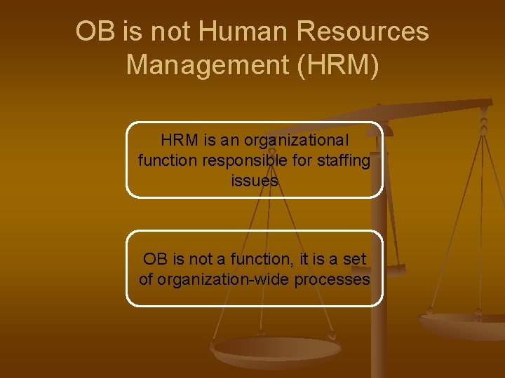 OB is not Human Resources Management (HRM) HRM is an organizational function responsible for