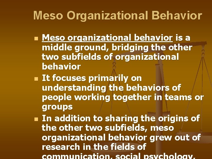 Meso Organizational Behavior n n n Meso organizational behavior is a middle ground, bridging