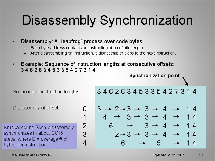 Disassembly Synchronization • Disassembly: A “leapfrog” process over code bytes – Each byte address