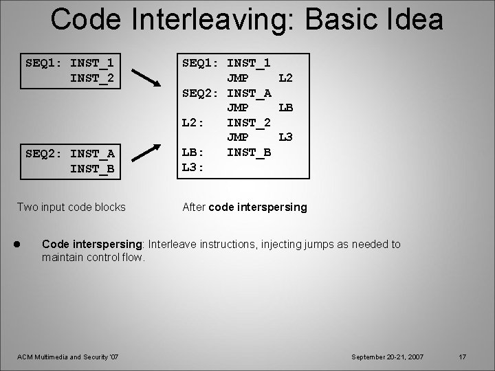 Code Interleaving: Basic Idea SEQ 1: INST_1 INST_2 SEQ 2: INST_A INST_B Two input