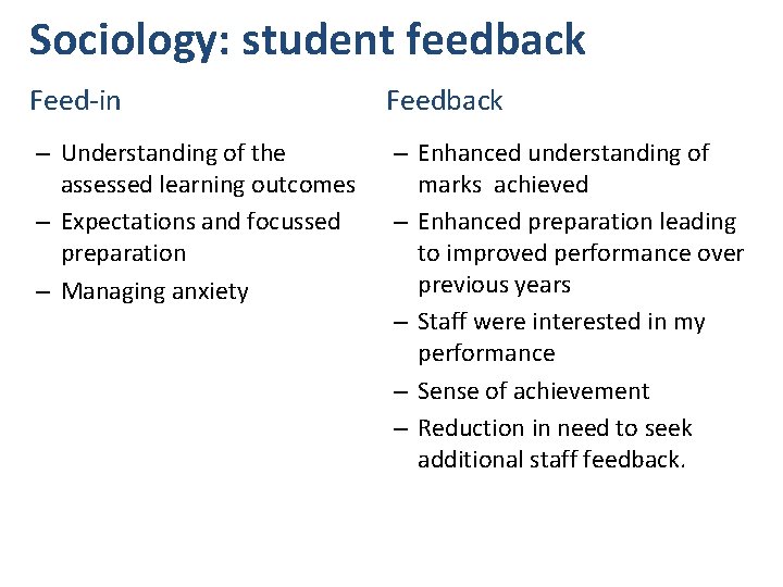 Sociology: student feedback Feed-in Feedback – Understanding of the assessed learning outcomes – Expectations