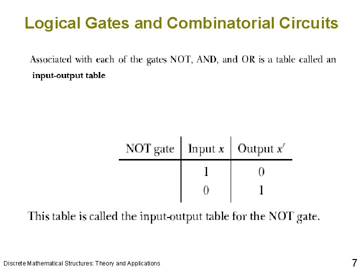 Logical Gates and Combinatorial Circuits Discrete Mathematical Structures: Theory and Applications 7 Logical Gates and Combinatorial Circuits Discrete Mathematical Structures: Theory and Applications 7