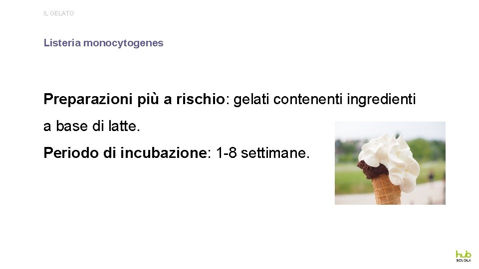 IL GELATO Listeria monocytogenes Preparazioni più a rischio: gelati contenenti ingredienti a base di