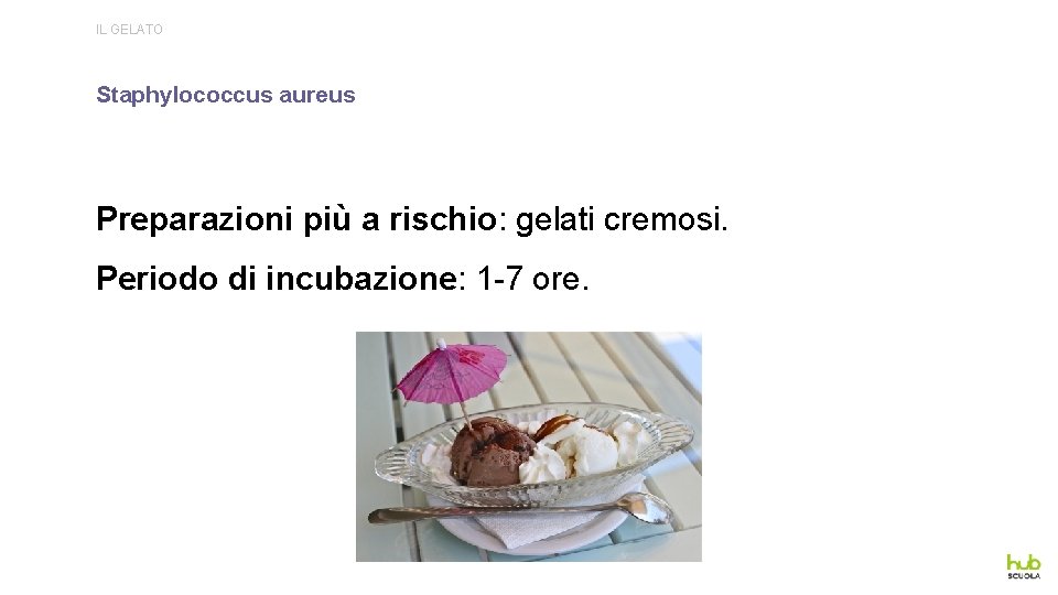 IL GELATO Staphylococcus aureus Preparazioni più a rischio: gelati cremosi. Periodo di incubazione: 1
