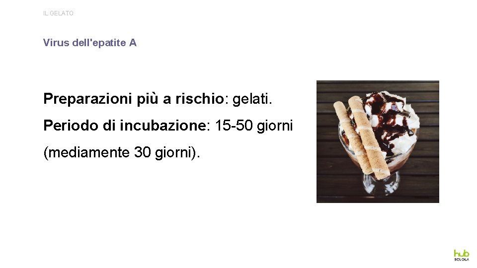 IL GELATO Virus dell'epatite A Preparazioni più a rischio: gelati. Periodo di incubazione: 15