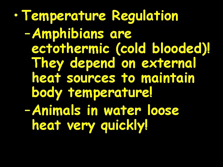  • Temperature Regulation – Amphibians are ectothermic (cold blooded)! They depend on external