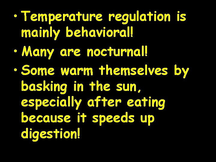  • Temperature regulation is mainly behavioral! • Many are nocturnal! • Some warm