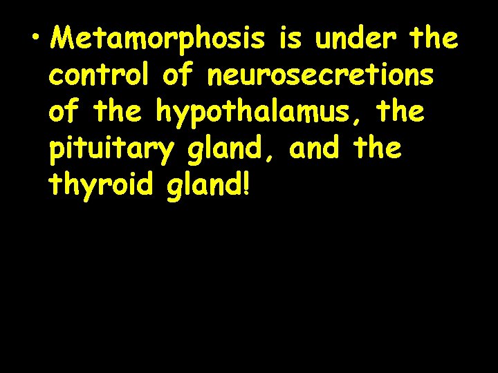  • Metamorphosis is under the control of neurosecretions of the hypothalamus, the pituitary