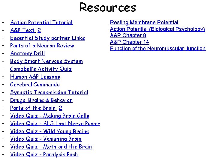 Resources • • • • • Action Potential Tutorial A&P Text, 2 Essential Study