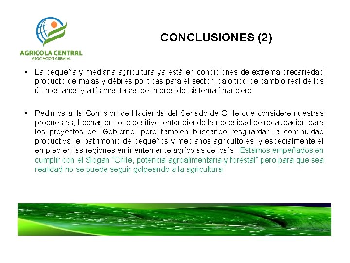 CONCLUSIONES (2) § La pequeña y mediana agricultura ya está en condiciones de extrema