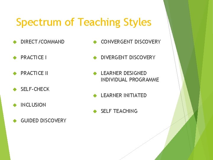 Spectrum of Teaching Styles DIRECT/COMMAND CONVERGENT DISCOVERY PRACTICE I DIVERGENT DISCOVERY PRACTICE II LEARNER