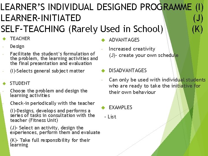 LEARNER’S INDIVIDUAL DESIGNED PROGRAMME (I) LEARNER-INITIATED (J) SELF-TEACHING (Rarely Used in School) (K) TEACHER