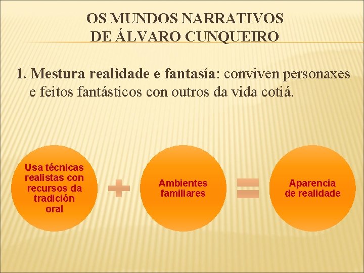 OS MUNDOS NARRATIVOS DE ÁLVARO CUNQUEIRO 1. Mestura realidade e fantasía: conviven personaxes e