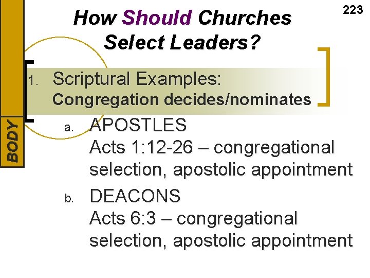 BODY INTRODUCTION How Should Churches Select Leaders? 1. 223 Scriptural Examples: Congregation decides/nominates a.