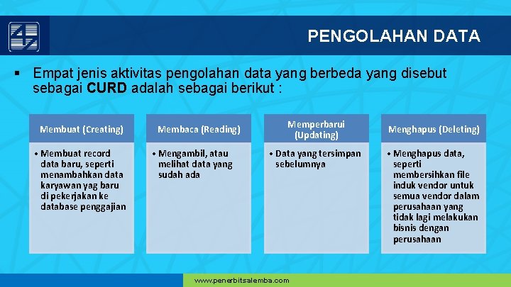 PENGOLAHAN DATA § Empat jenis aktivitas pengolahan data yang berbeda yang disebut sebagai CURD