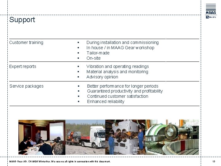Support Customer training § § During installation and commissioning In house / in MAAG