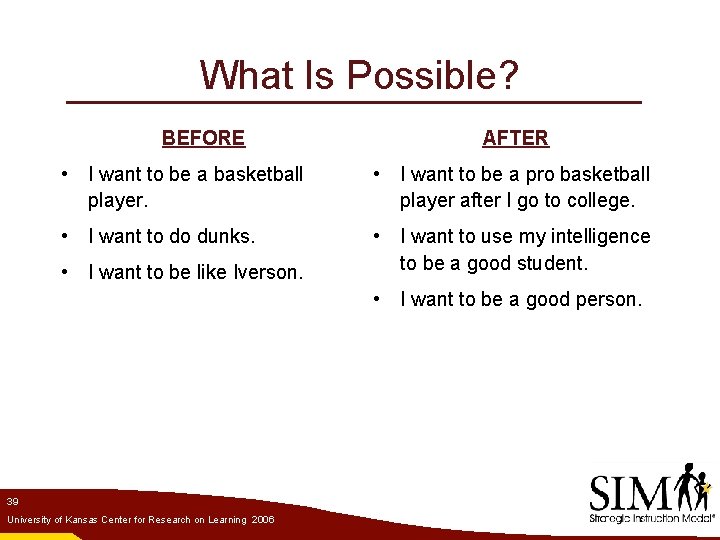 What Is Possible? BEFORE AFTER • I want to be a basketball player. •