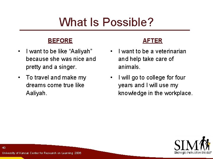 What Is Possible? BEFORE AFTER • I want to be like “Aaliyah” because she