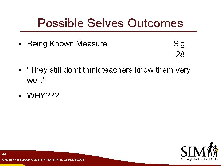 Possible Selves Outcomes • Being Known Measure Sig. . 28 • “They still don’t