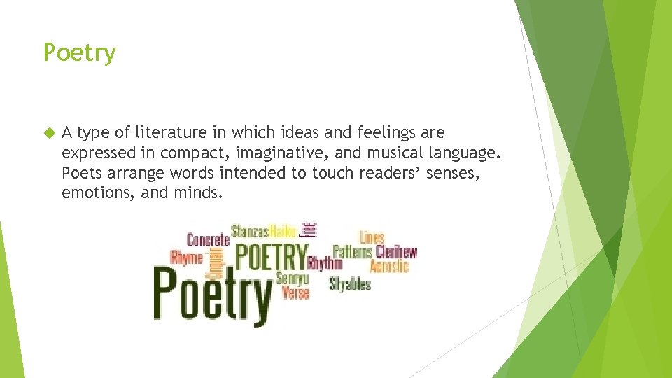 Poetry A type of literature in which ideas and feelings are expressed in compact,