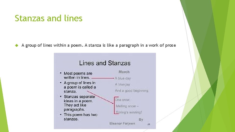 Stanzas and lines A group of lines within a poem. A stanza is like
