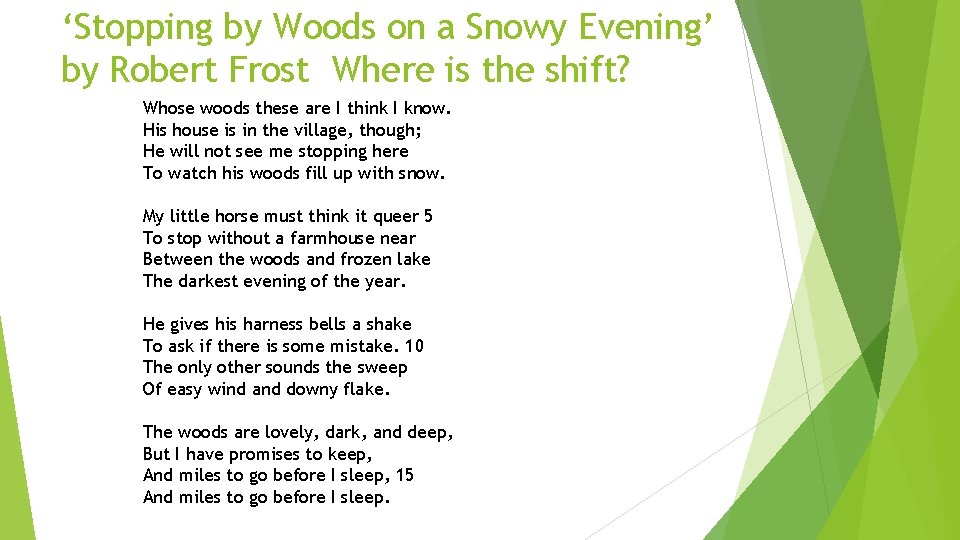 ‘Stopping by Woods on a Snowy Evening’ by Robert Frost Where is the shift?