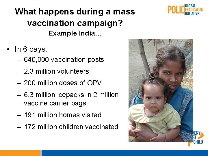 What happens during a mass vaccination campaign? Example India… • In 6 days: –