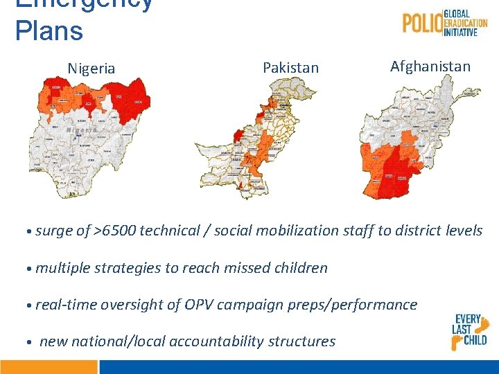 Emergency Plans Nigeria Pakistan Afghanistan • surge of >6500 technical / social mobilization staff