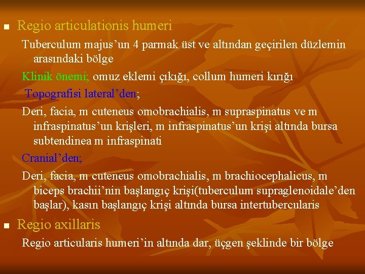 n Regio articulationis humeri Tuberculum majus’un 4 parmak üst ve altından geçirilen düzlemin arasındaki