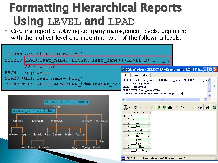  Formatting Hierarchical Reports Using LEVEL and LPAD Create a report displaying company management