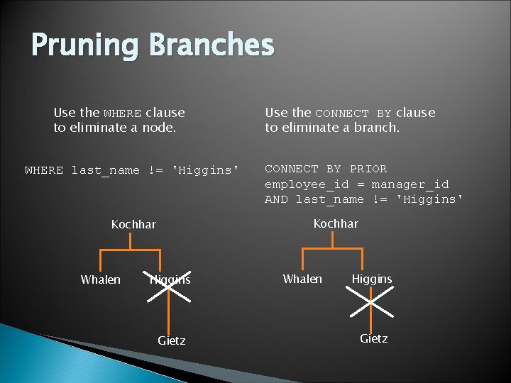 Pruning Branches Use the WHERE clause to eliminate a node. WHERE last_name != 'Higgins'