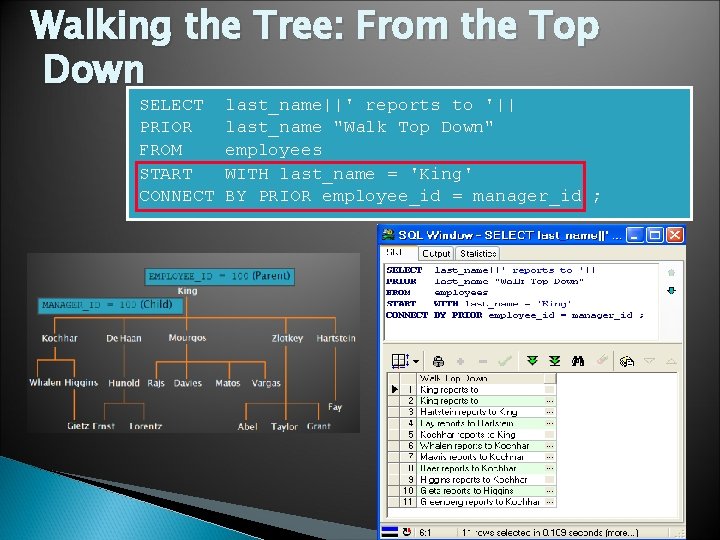 Walking the Tree: From the Top Down SELECT PRIOR FROM START CONNECT last_name||' reports