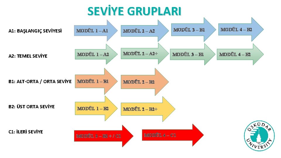 SEVİYE GRUPLARI A 1: BAŞLANGIÇ SEVİYESİ MODÜL 1 – A 1 MODÜL 2 –