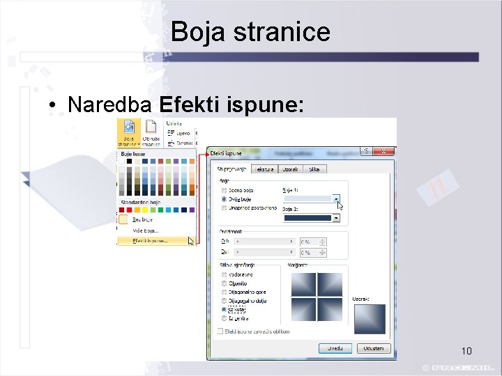 Boja stranice • Naredba Efekti ispune: 10 