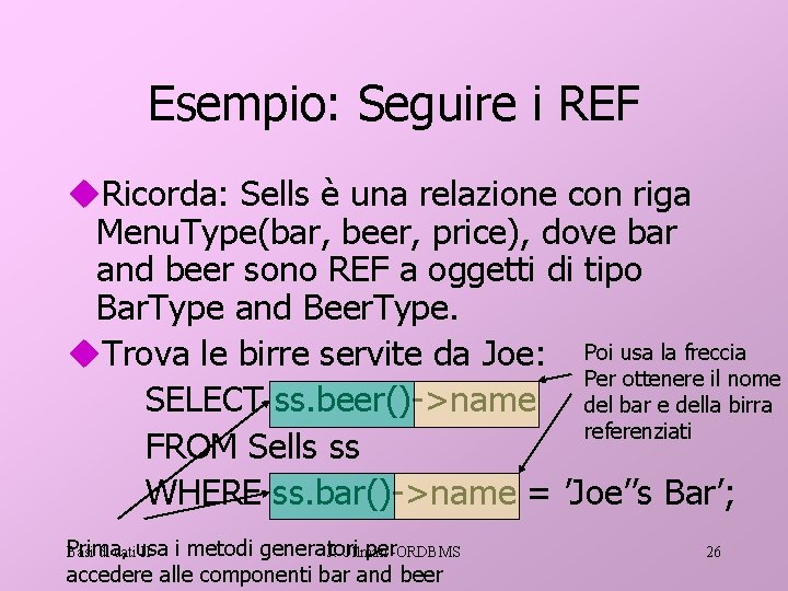 Esempio: Seguire i REF u. Ricorda: Sells è una relazione con riga Menu. Type(bar,