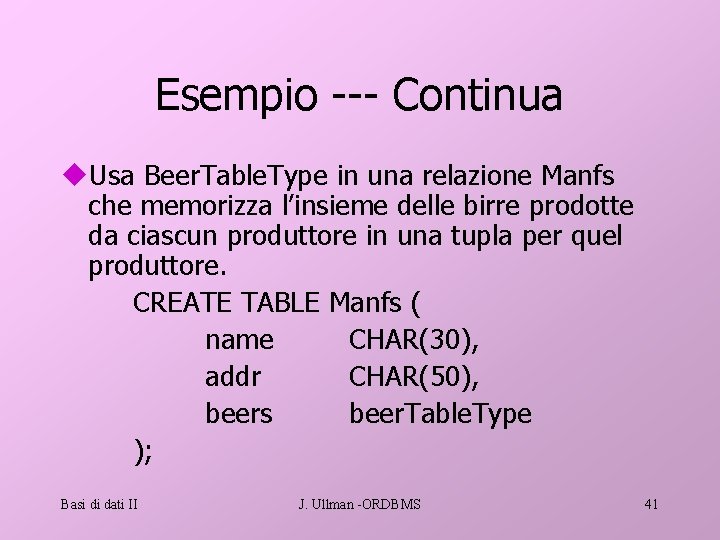Esempio --- Continua u. Usa Beer. Table. Type in una relazione Manfs che memorizza