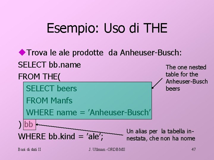 Esempio: Uso di THE u. Trova le ale prodotte da Anheuser-Busch: SELECT bb. name