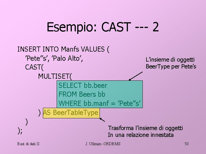 Esempio: CAST --- 2 INSERT INTO Manfs VALUES ( ’Pete’’s’, ’Palo Alto’, L’insieme di
