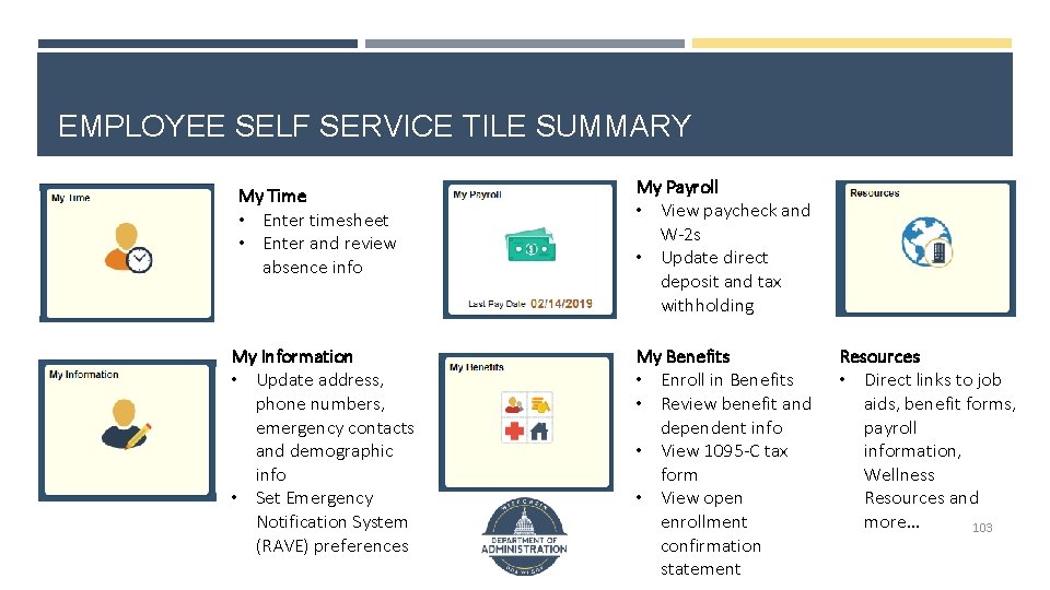 EMPLOYEE SELF SERVICE TILE SUMMARY My Time • Enter timesheet • Enter and review