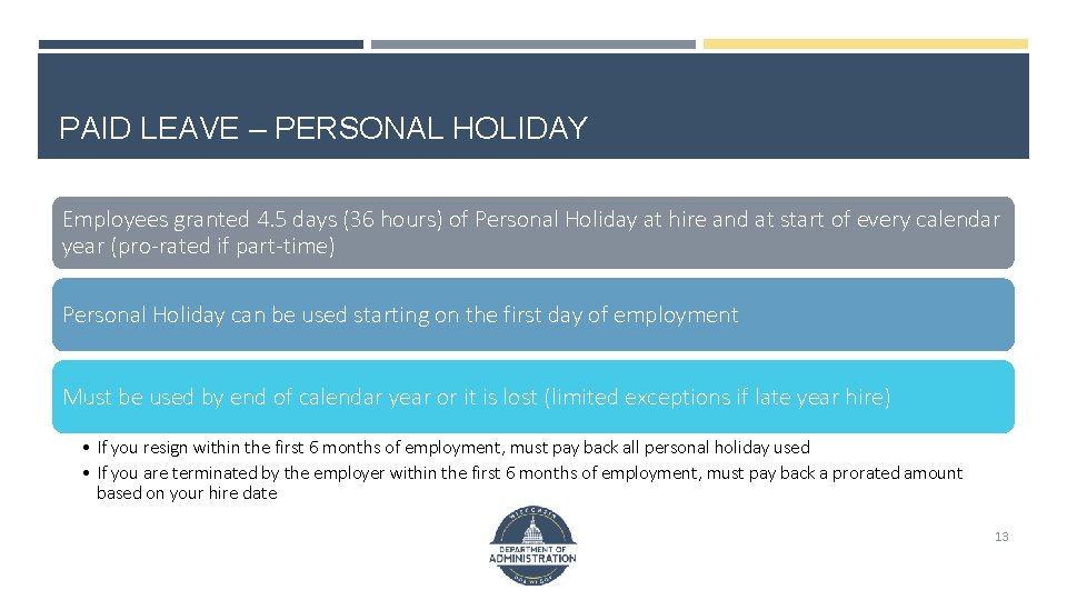 PAID LEAVE – PERSONAL HOLIDAY Employees granted 4. 5 days (36 hours) of Personal