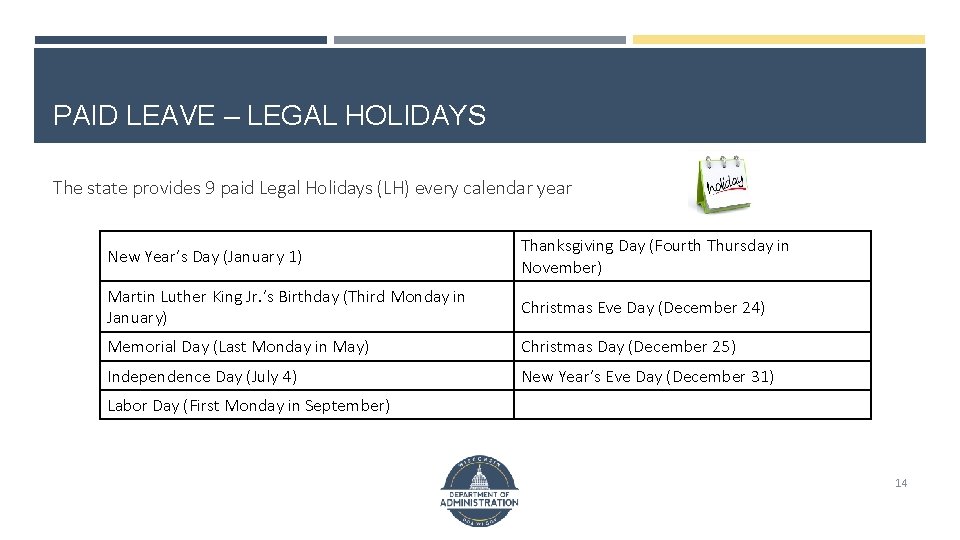 PAID LEAVE – LEGAL HOLIDAYS The state provides 9 paid Legal Holidays (LH) every
