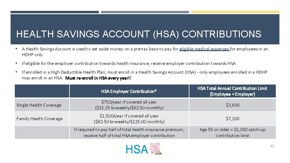 HEALTH SAVINGS ACCOUNT (HSA) CONTRIBUTIONS • A Health Savings Account is used to set