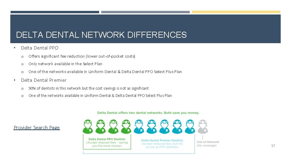 DELTA DENTAL NETWORK DIFFERENCES • • Delta Dental PPO o Offers significant fee reduction