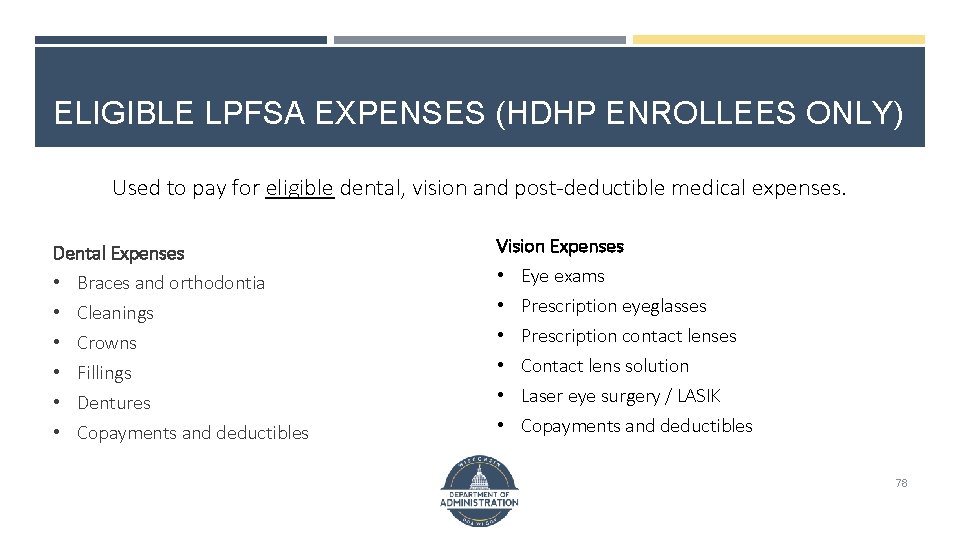 ELIGIBLE LPFSA EXPENSES (HDHP ENROLLEES ONLY) Used to pay for eligible dental, vision and