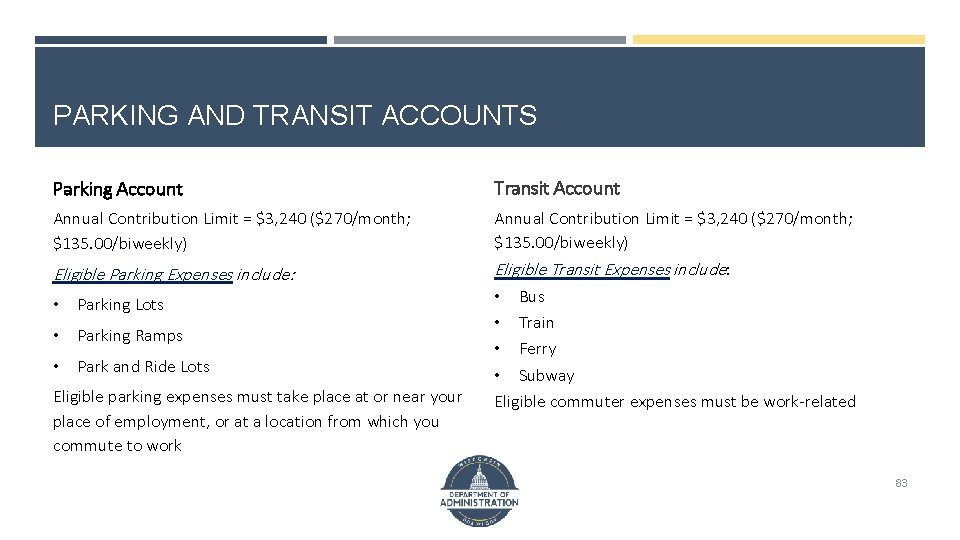 PARKING AND TRANSIT ACCOUNTS Parking Account Transit Account Annual Contribution Limit = $3, 240