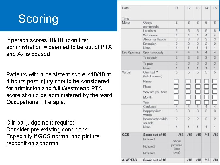 Scoring If person scores 18/18 upon first administration = deemed to be out of