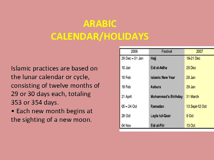 ARABIC CALENDAR/HOLIDAYS Islamic practices are based on the lunar calendar or cycle, consisting of