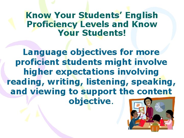 Know Your Students’ English Proficiency Levels and Know Your Students! Language objectives for more