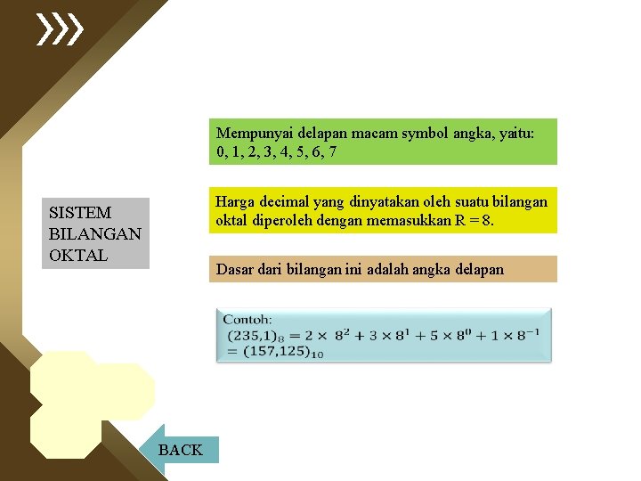 Mempunyai delapan macam symbol angka, yaitu: 0, 1, 2, 3, 4, 5, 6, 7